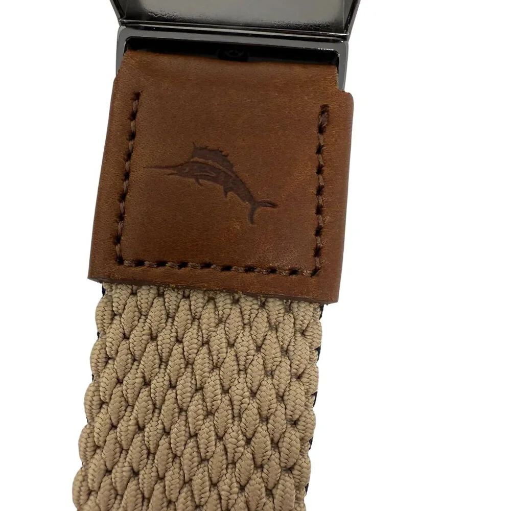 Tommy Bahama Mens Stretch Woven Belt Leather Trim L/XL (38-42) Tan Taco